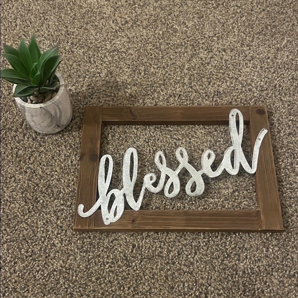 Wooden Frame with Silver 'Blessed' Sign